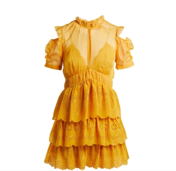 Self-Portrait NWOT Embroidered Chiffon Tiered Mini Dress In Gold Yellow Size 4 - Picture 8 of 16